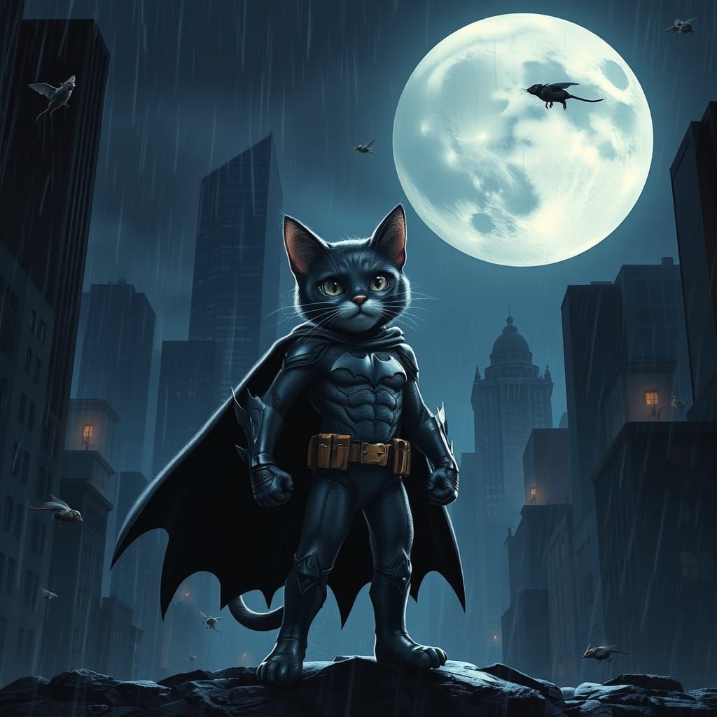 Photorealistic Cat as Batman in Dark City at Night