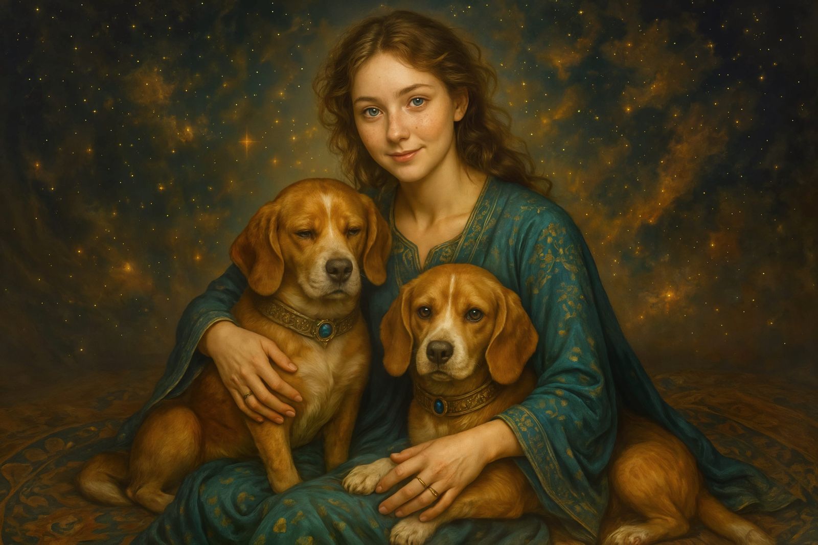 Woman and Dogs in a Magical Space Painting