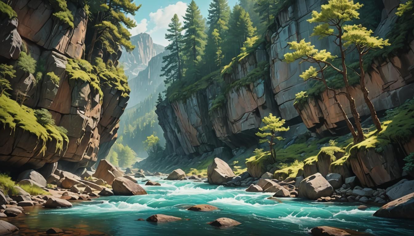 Turquoise River Flowing Through Canyon: Impressionist Art