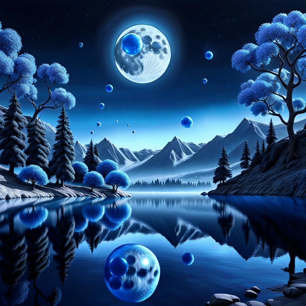 Blue Bubbles in Fantasy Landscape Under Moonlight