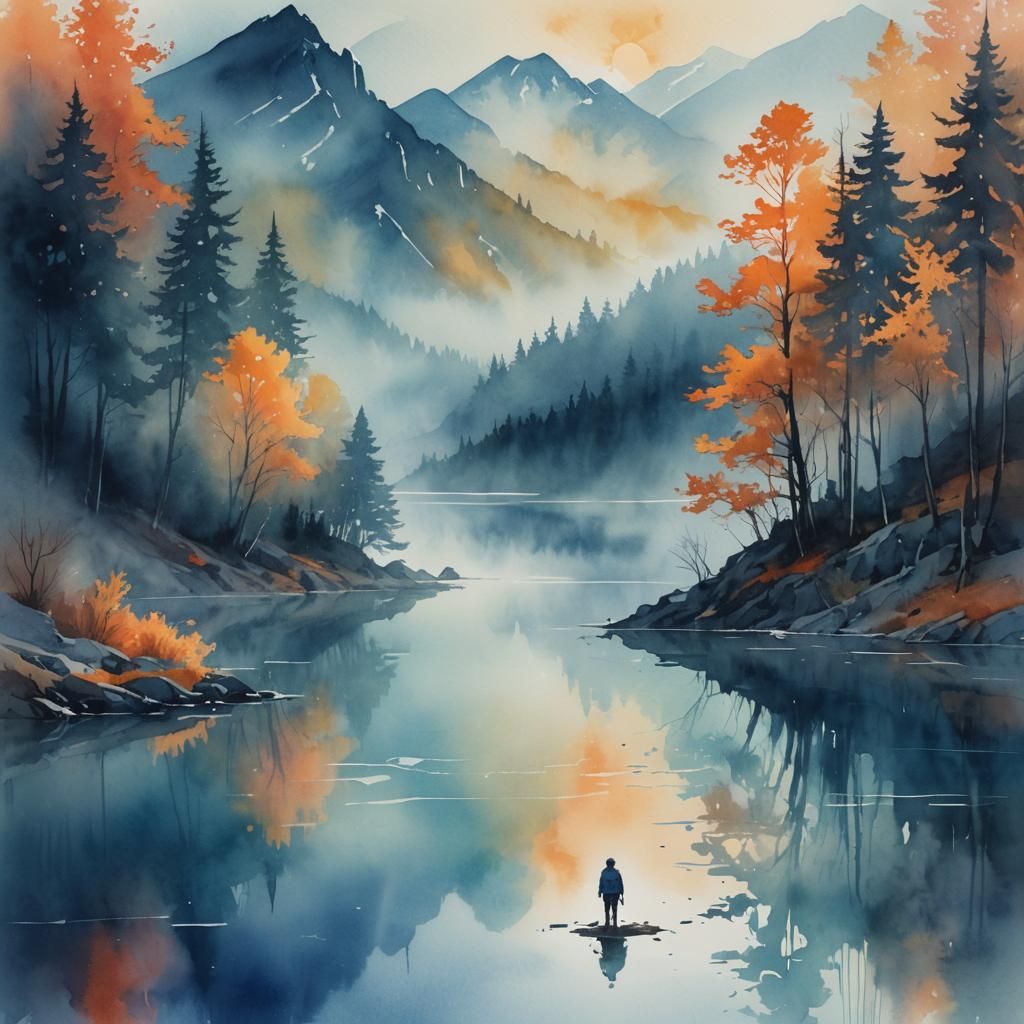 Lone Figure by Misty Lake: Abstract Watercolor Art