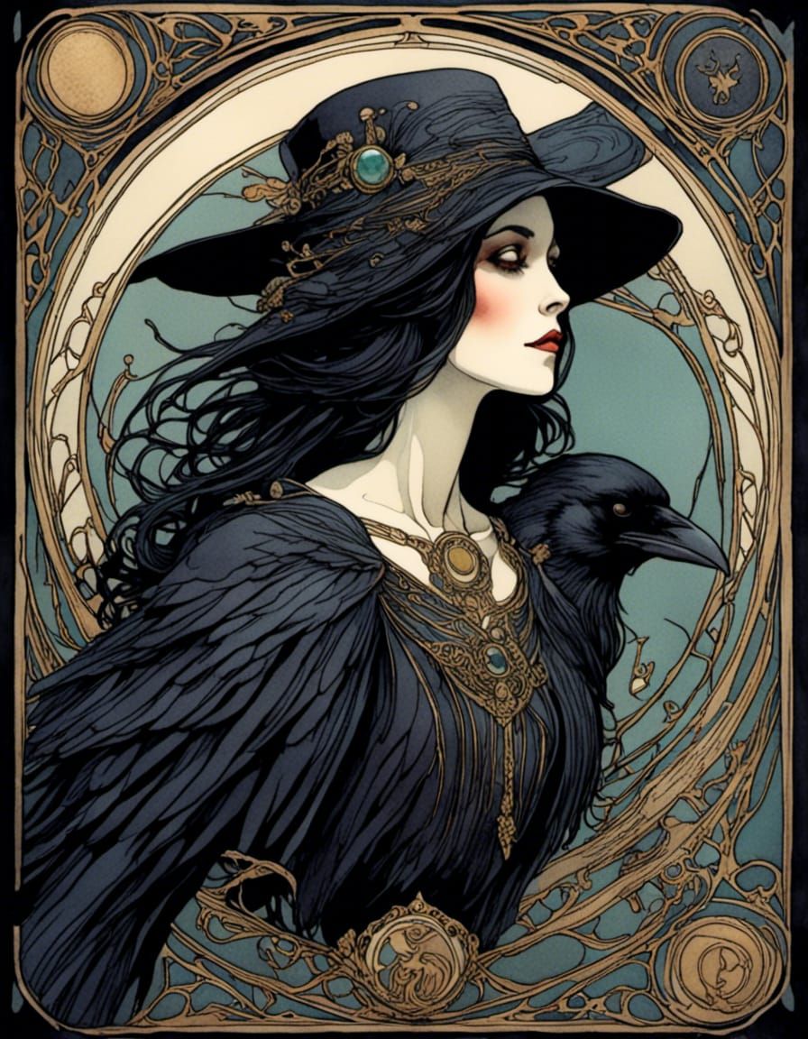 Art Nouveau Raven Tarot Card Portrait