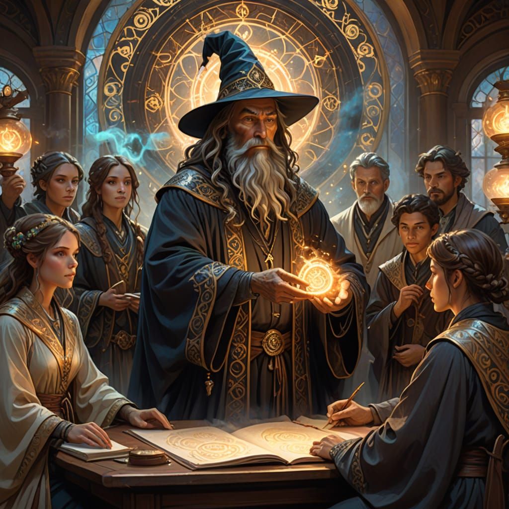 Wizard Teaches Students in Magic School Classroom