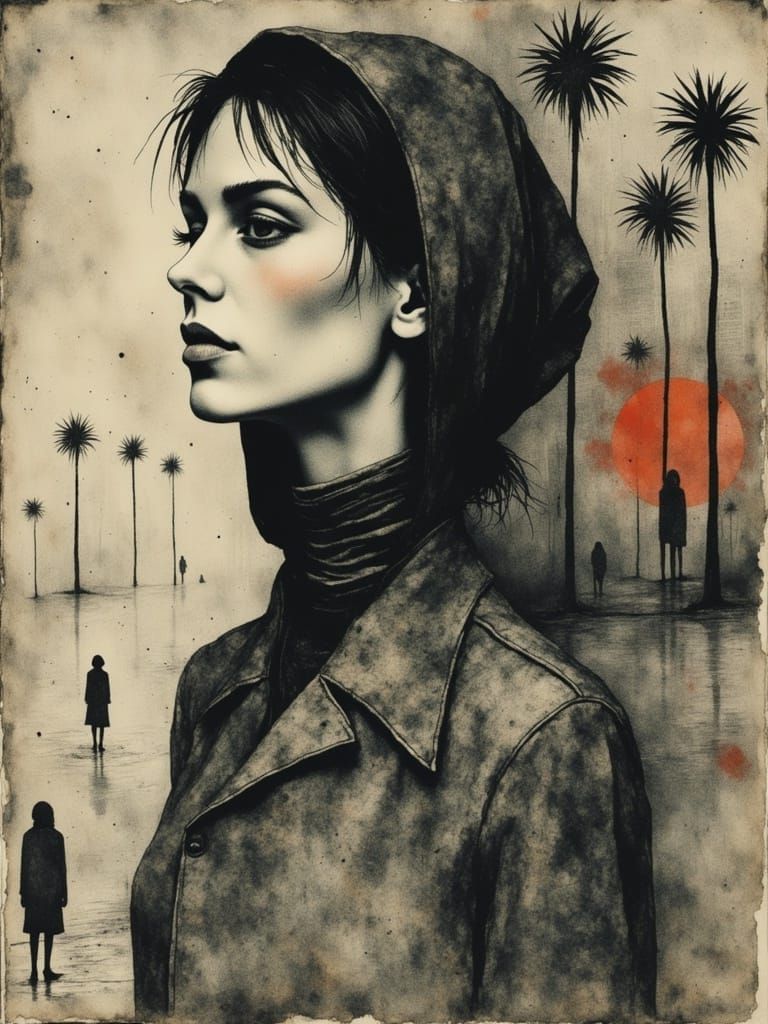 Tropical Paradise in Film Noir Crayon Style