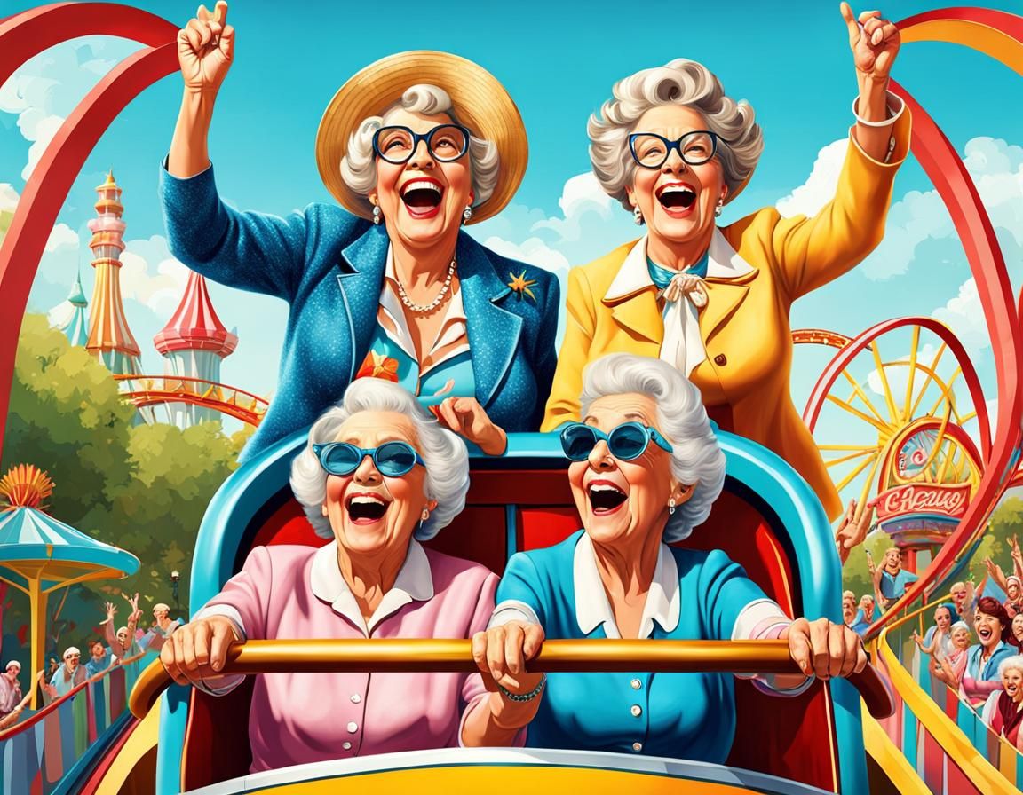 Joyful Women on Roller Coaster, Digital Illustration