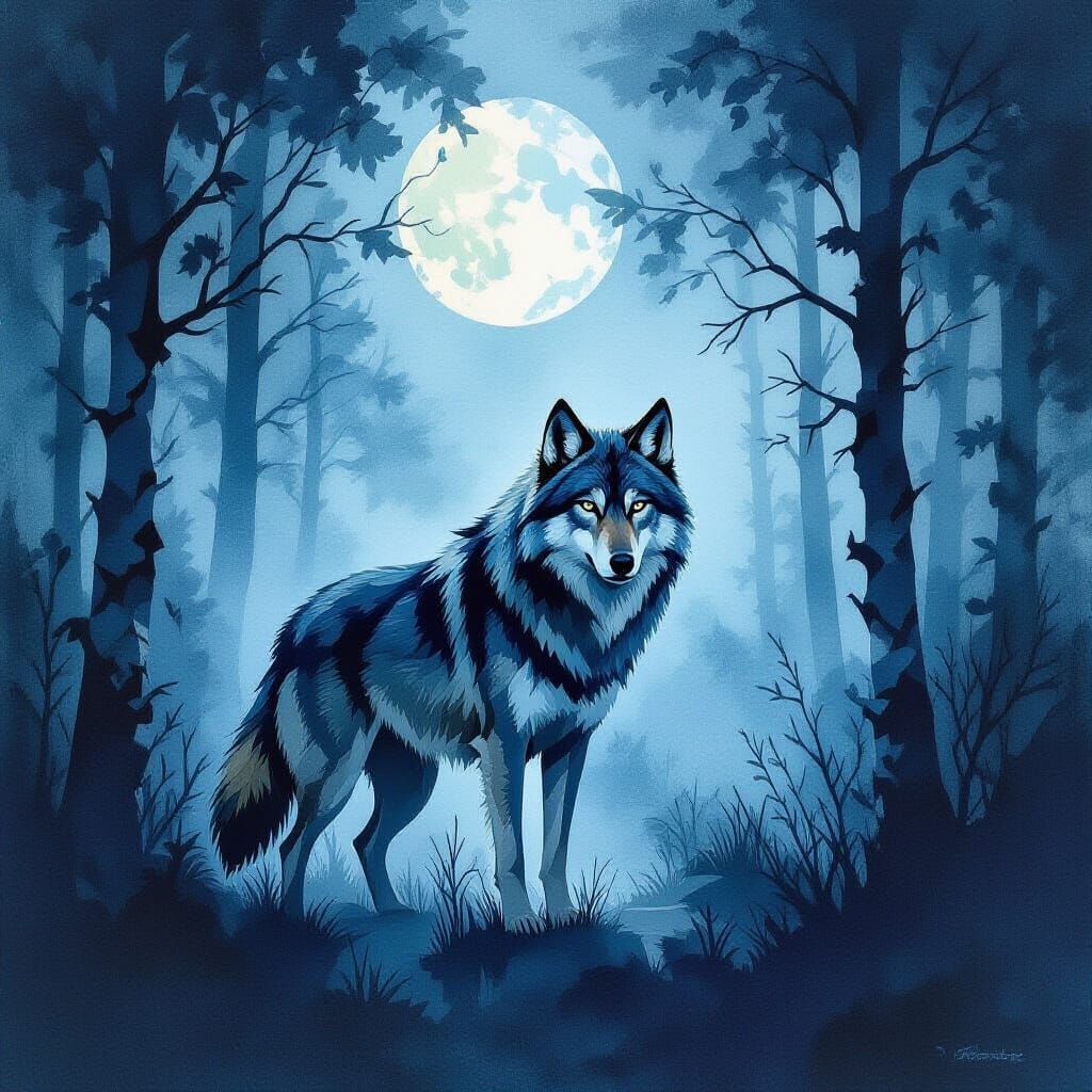 Cubist Wolf in Moonlit Forest with Watercolor Accents