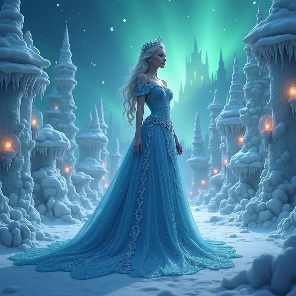 Ethereal Snow Queen Reigns in Whimsical Ice Palace