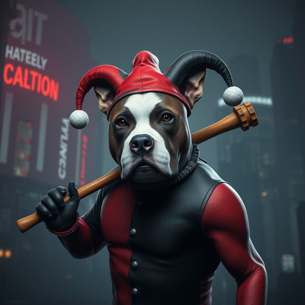 Harley Quinn Pitbull in Dystopian Cityscape