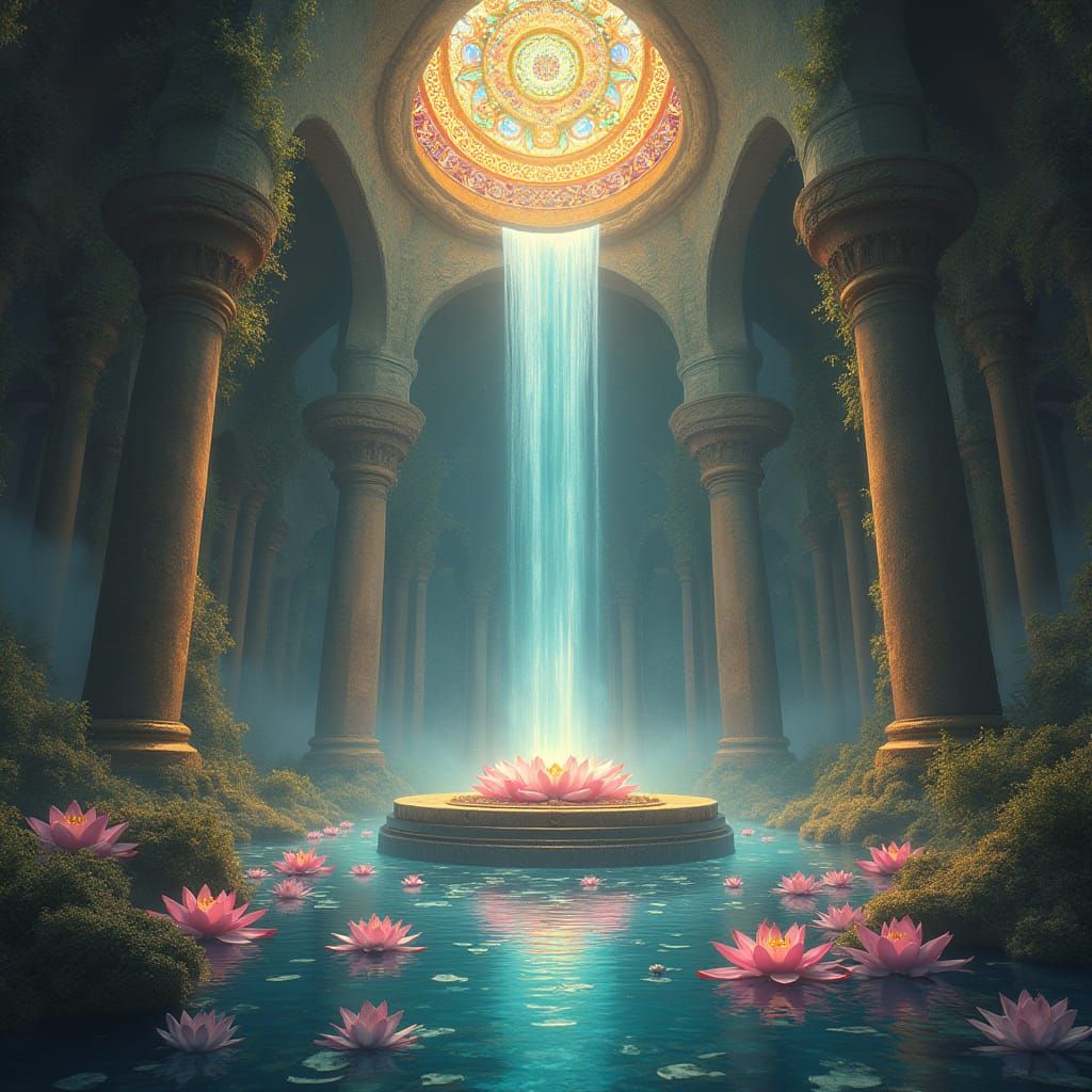 Mystical Temple Waterfall with Lotus Petals