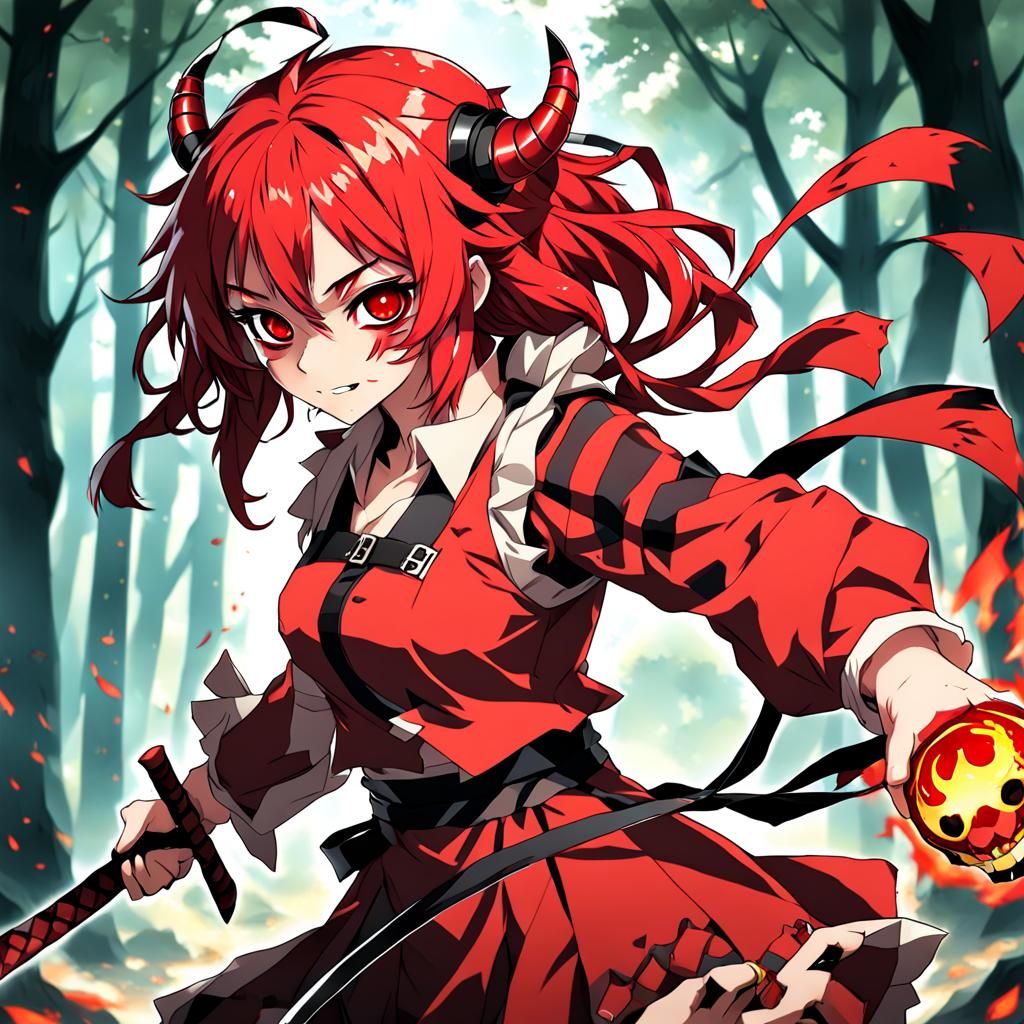 Anime Red Demon Slayer Girl Ready for Battle