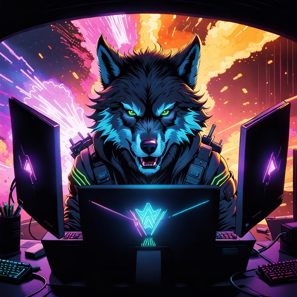 Werewolf Hacker in Neon Explosion, Comic Book Art
