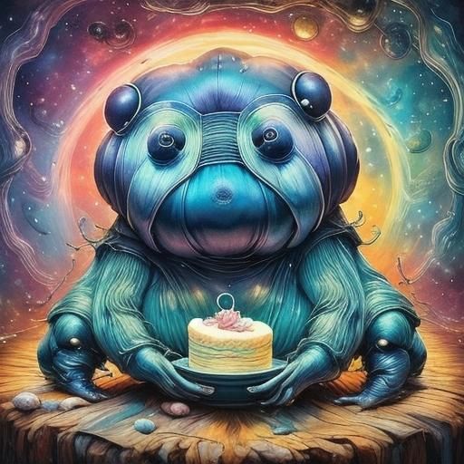Crying Tardigrade Baby Craving Cake: Alcohol Ink Art