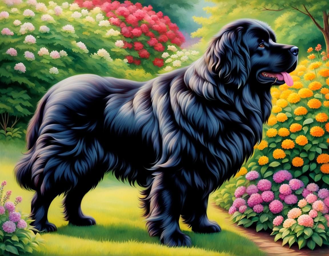 Radiant Newfoundland Dog in a Kaleidoscopic Garden