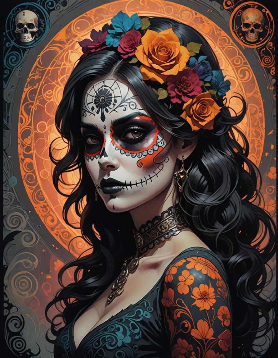 Vibrant Pinup Girl with Sugar Skull and Charcoal Style