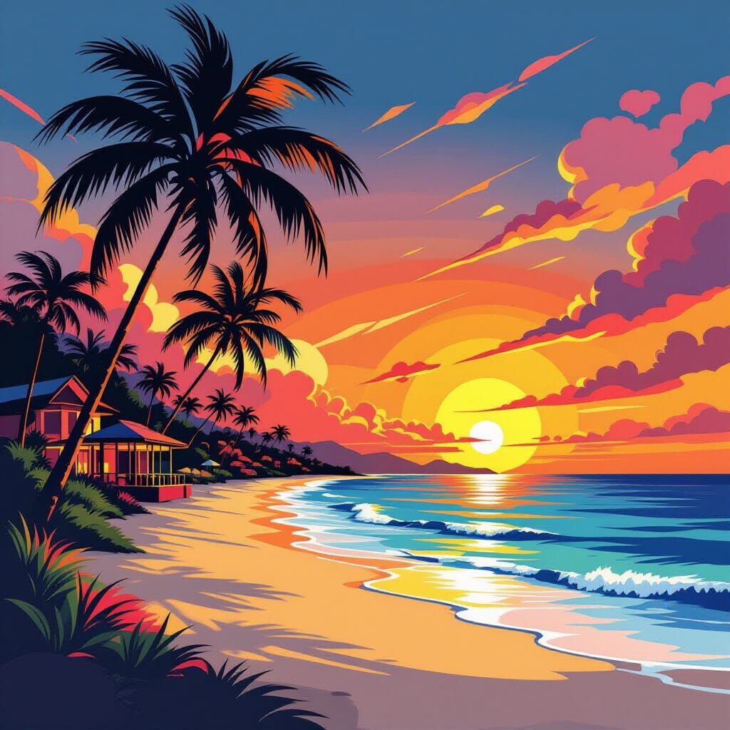 Tropical Beach Sunset in Art Deco Style