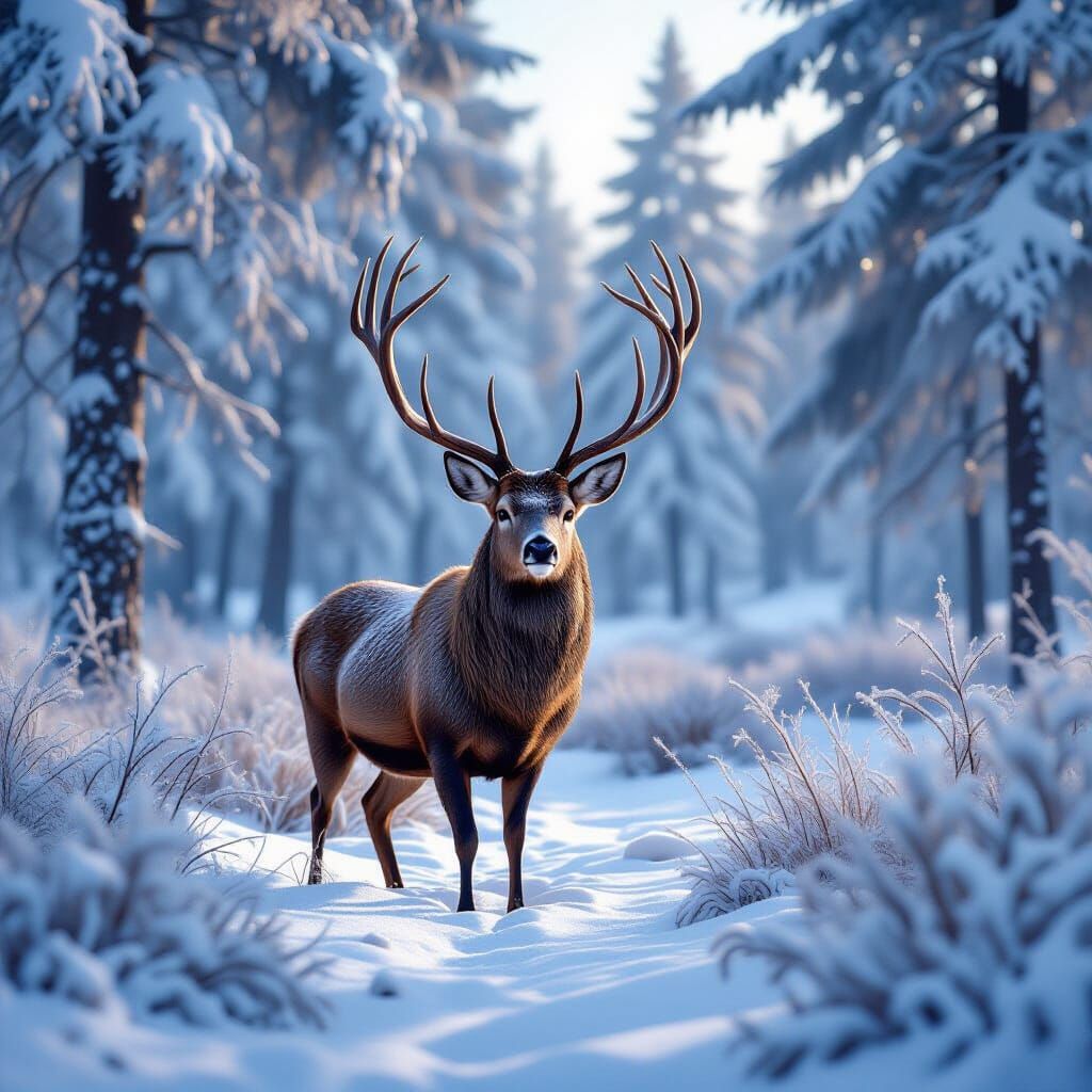Deer in Snowy Forest: Matte Painting Style