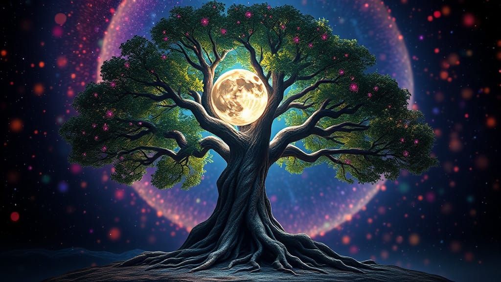 Tree of Life Ascends to Celestial Heights in Vibrant, Irides...