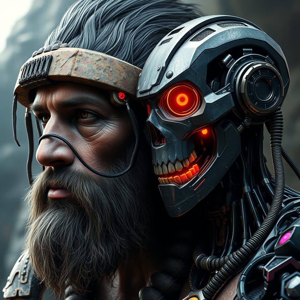 Caveman and Robot Portrait, Hyper-Realistic Concept Art