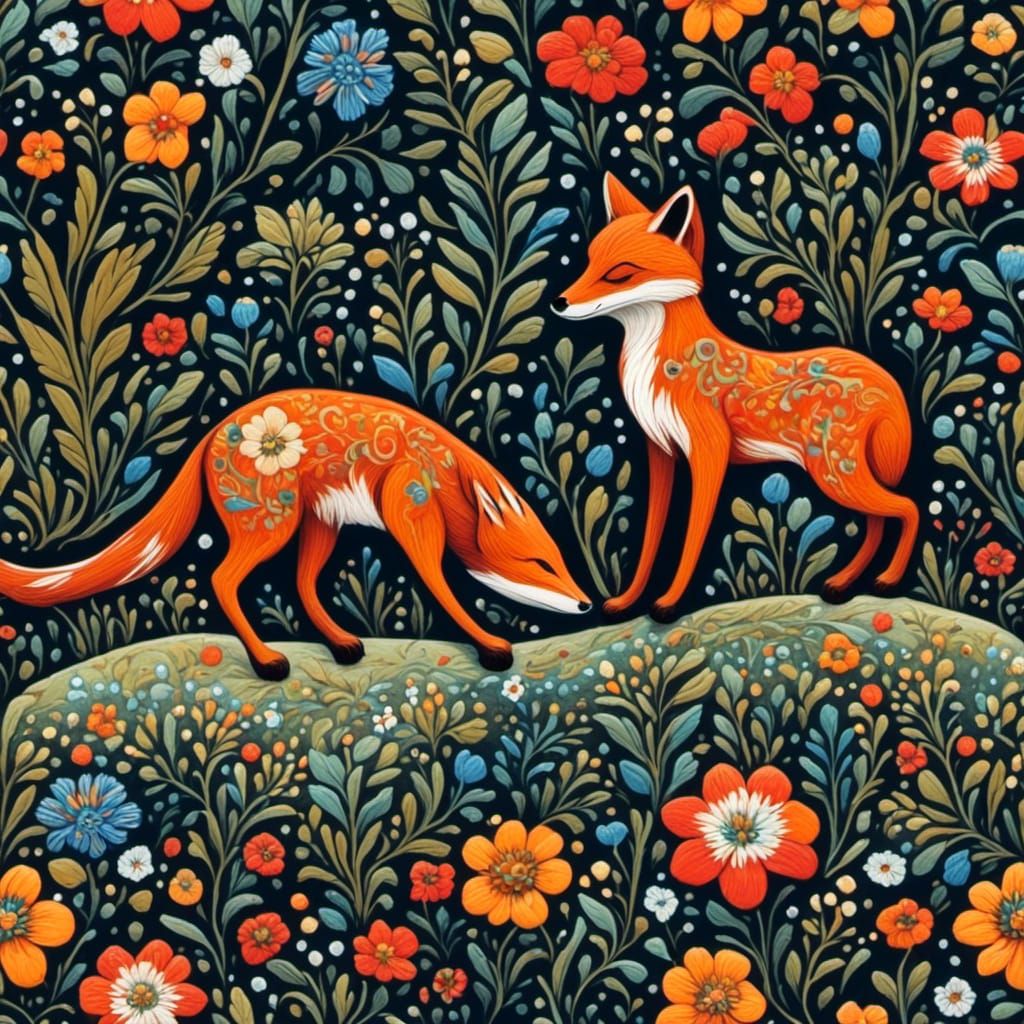 Fox in Garden at Night in Palekh Style