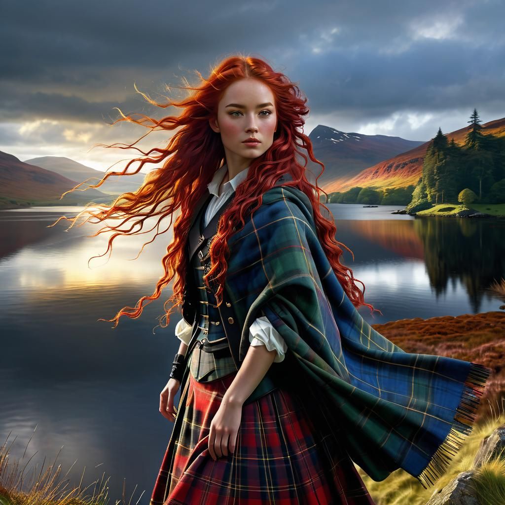 Highland Woman in Plaid at Sunset