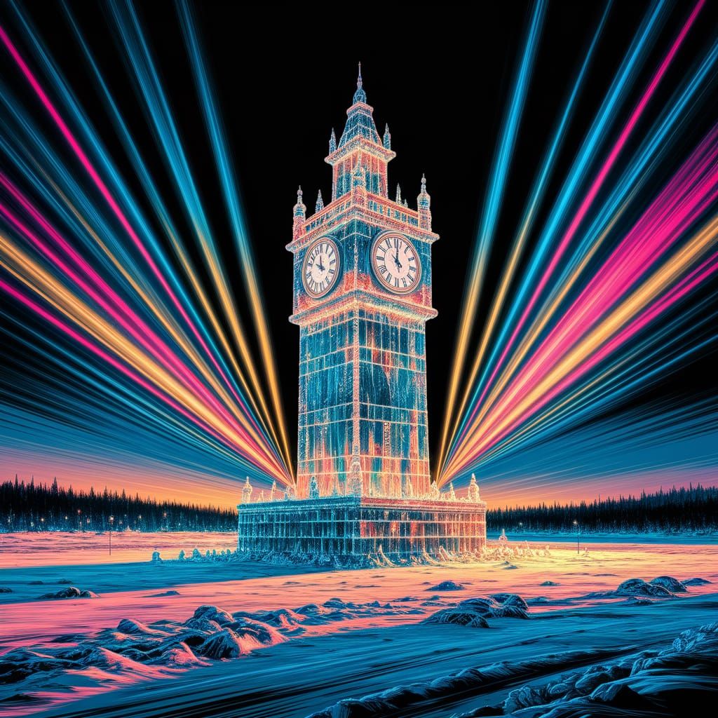 Ice Clocktower Illuminated by Psychedelic Lights