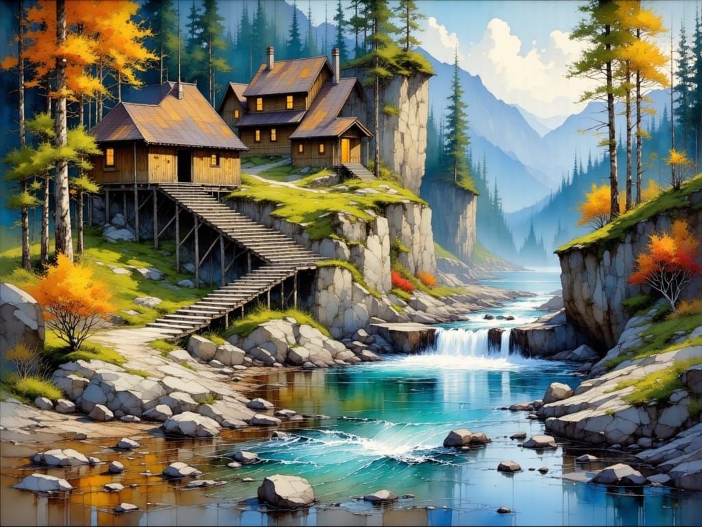 River Landscape with Cabin, Impasto Painting Style