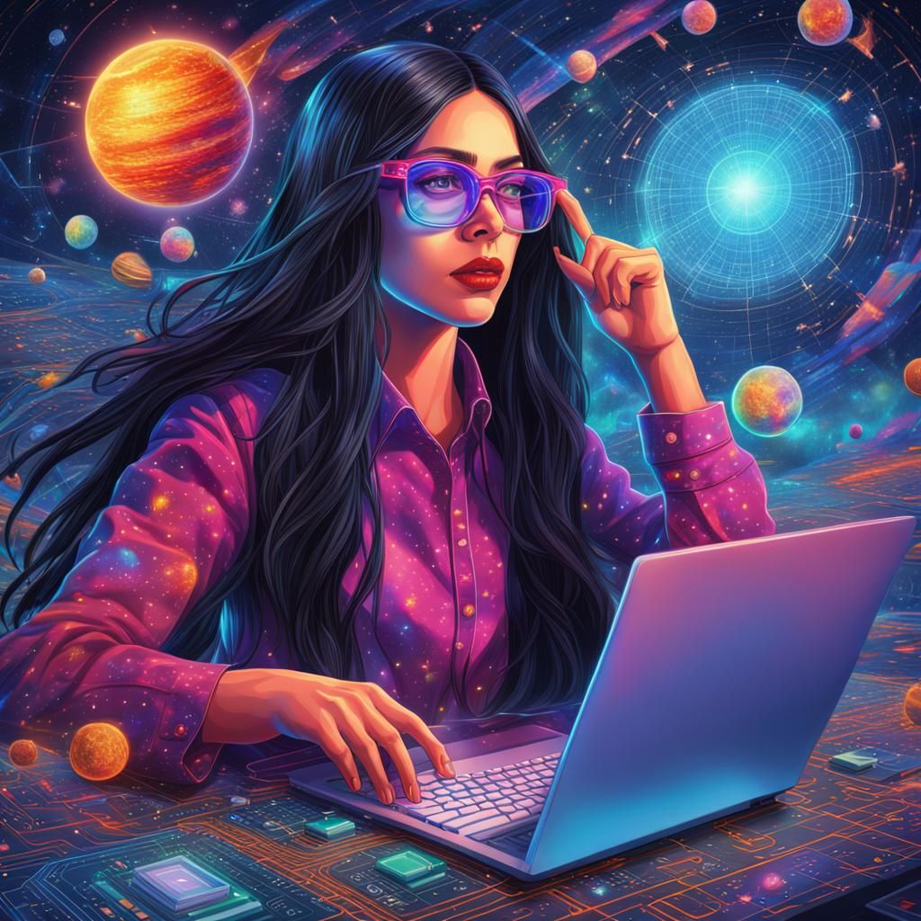 Accountant at Computer in Holographic Astral Style
