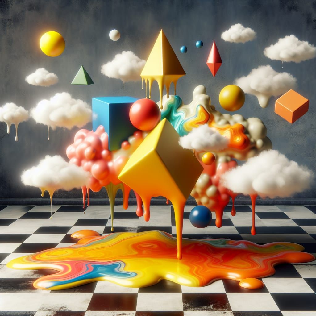 Surreal Melting Shapes Floating Above Checkered Floor