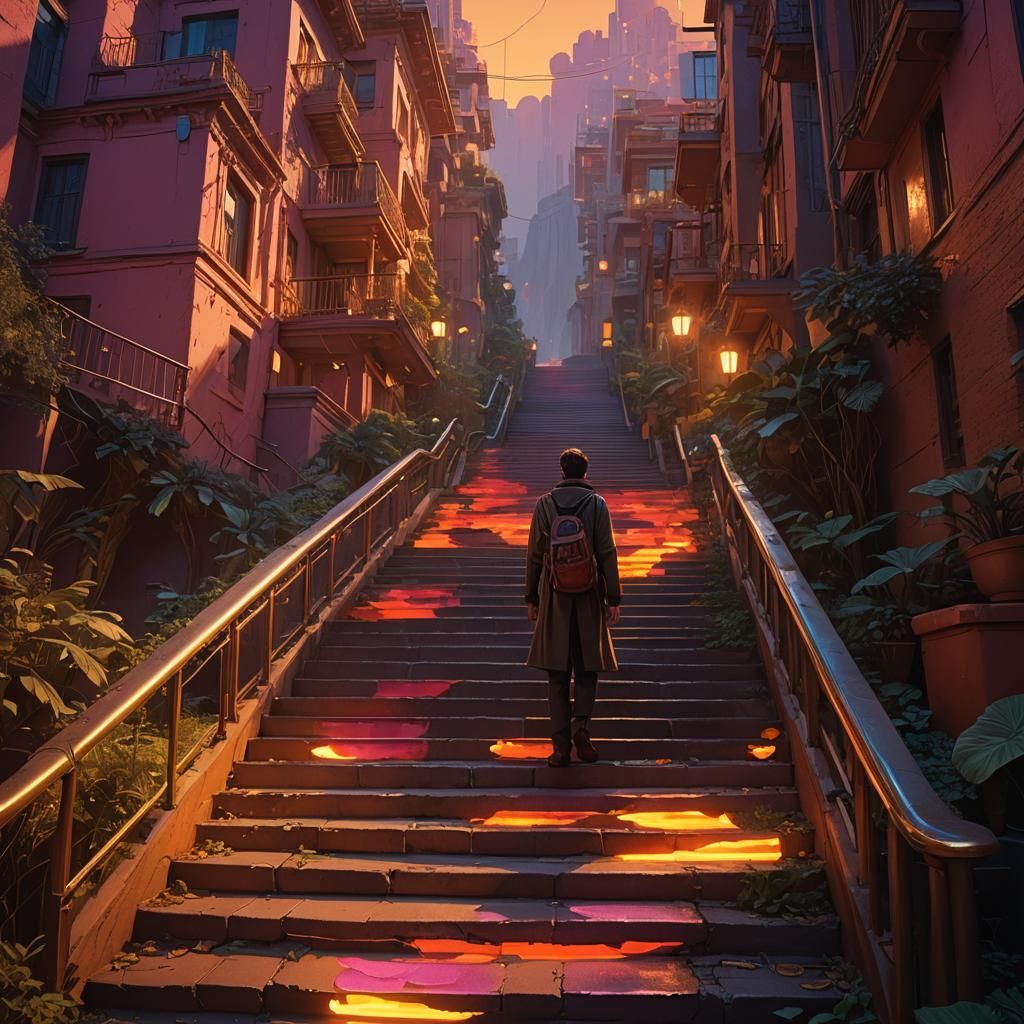 Emotional Staircase with Vibrant Colors in Mystical Realism