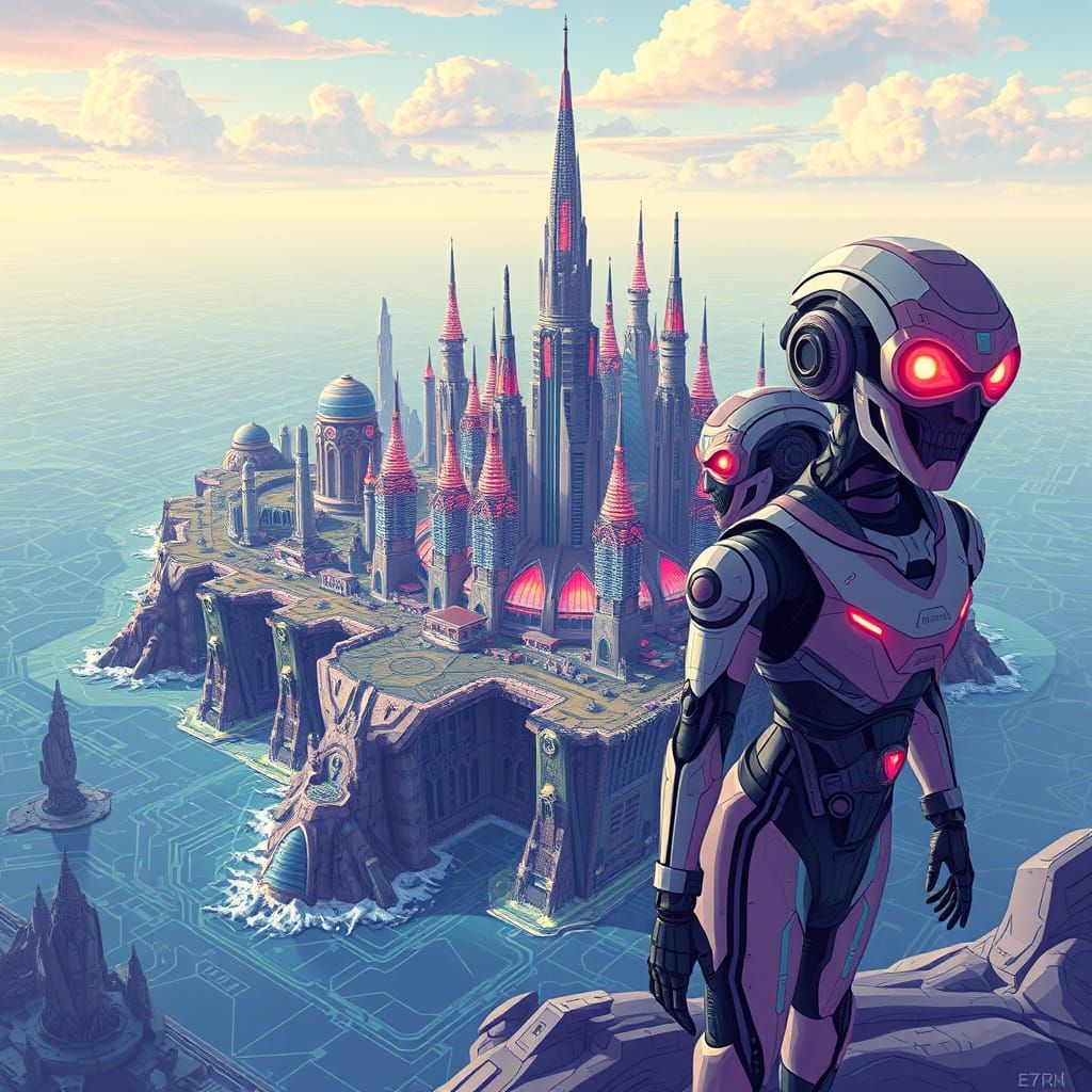 Futuristic Island Metropolis of Humanoid Robots