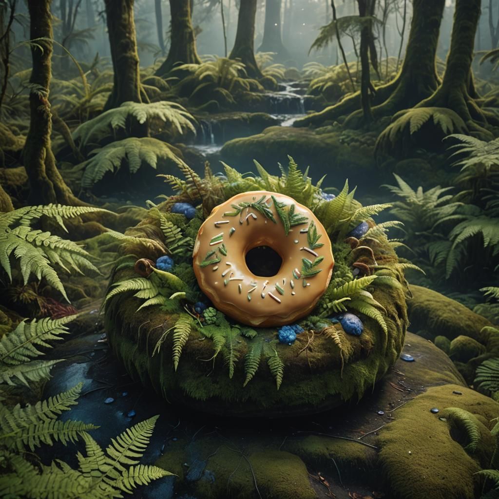 Fern Donut on Misty Pedestal: Hyper-Realistic Matte Painting