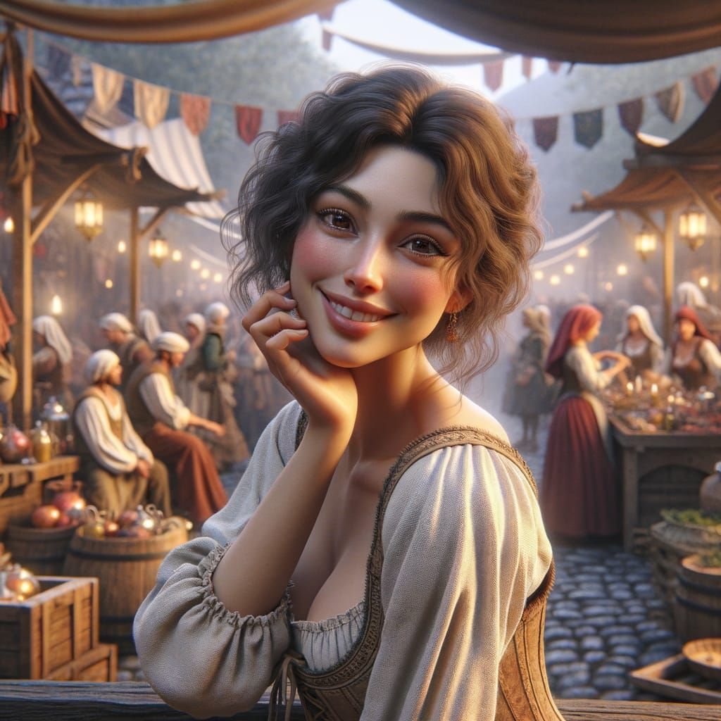 Medieval Fair Scene with Cheerful Peasant Woman