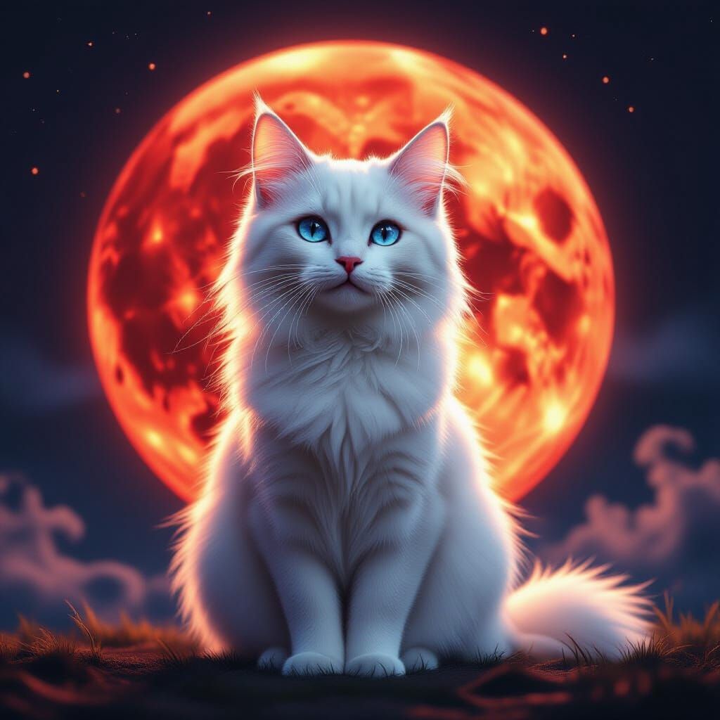 White Cat Under Red Moon: Realistic Photorealism