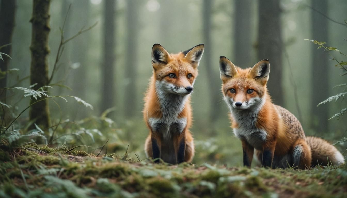 Curious Fox in Misty Forest: Soft Natural Light