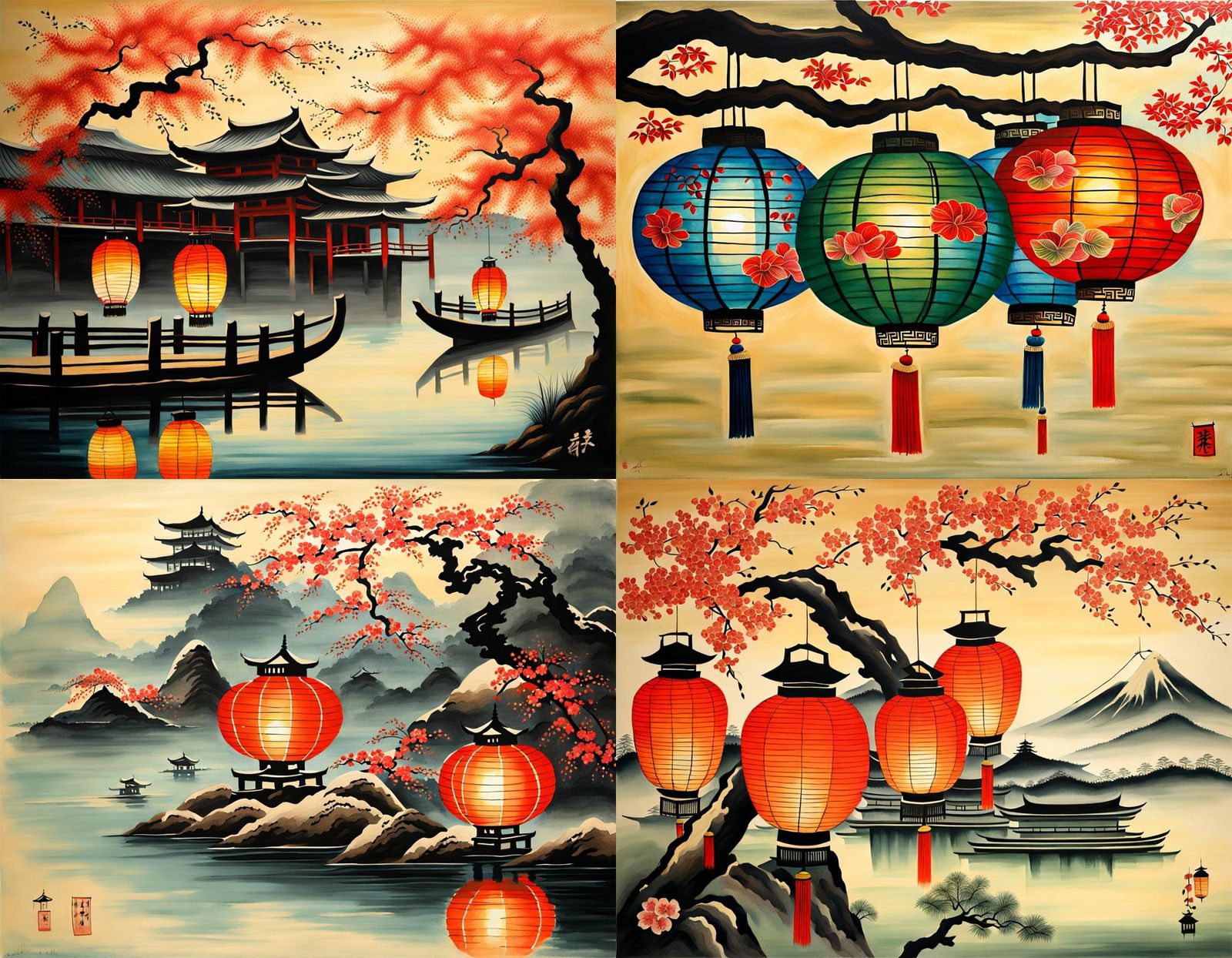 Colorful Japanese Lanterns in Asian Art Style