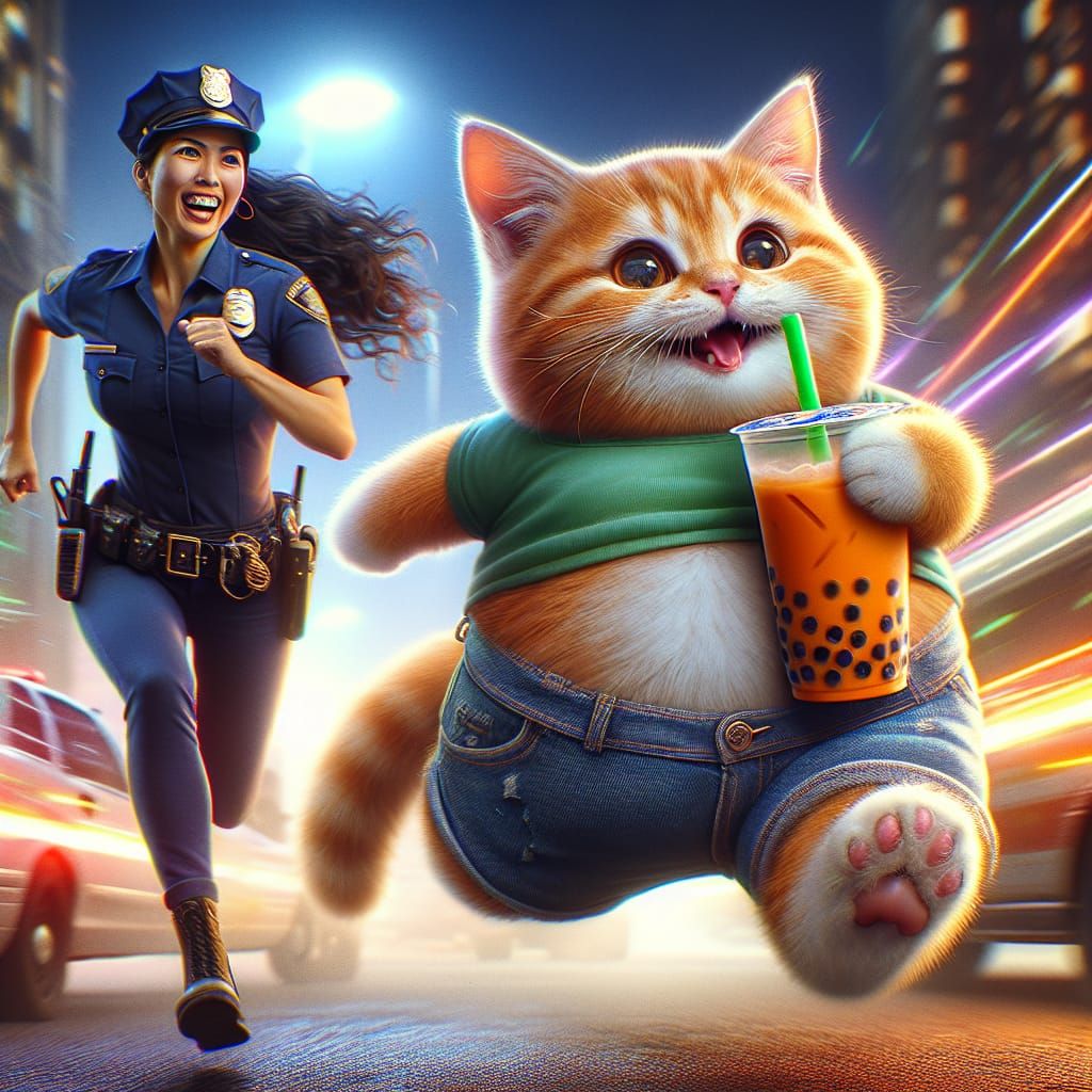 Kitten's Bubble Tea Chase: Energetic Matte Painting