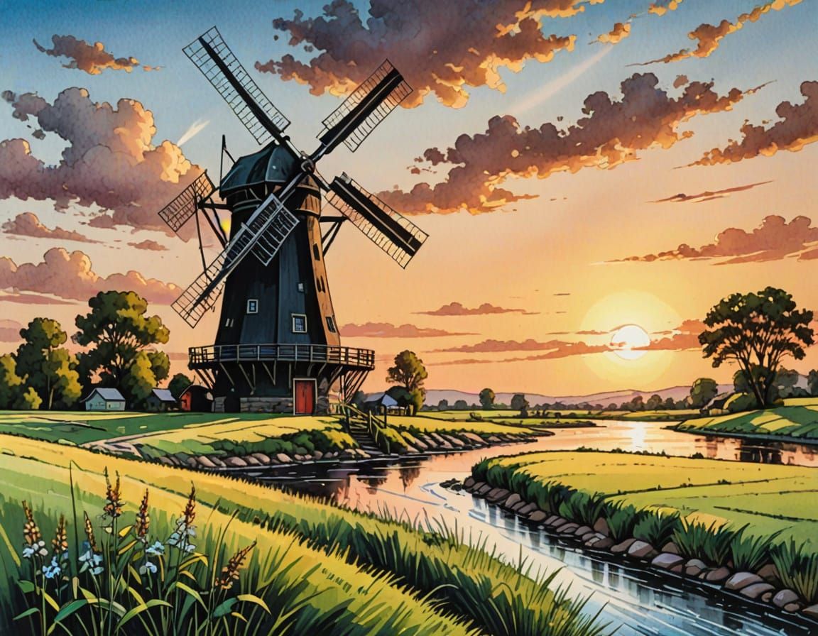 Windmill in a Spring Sunset Landscape