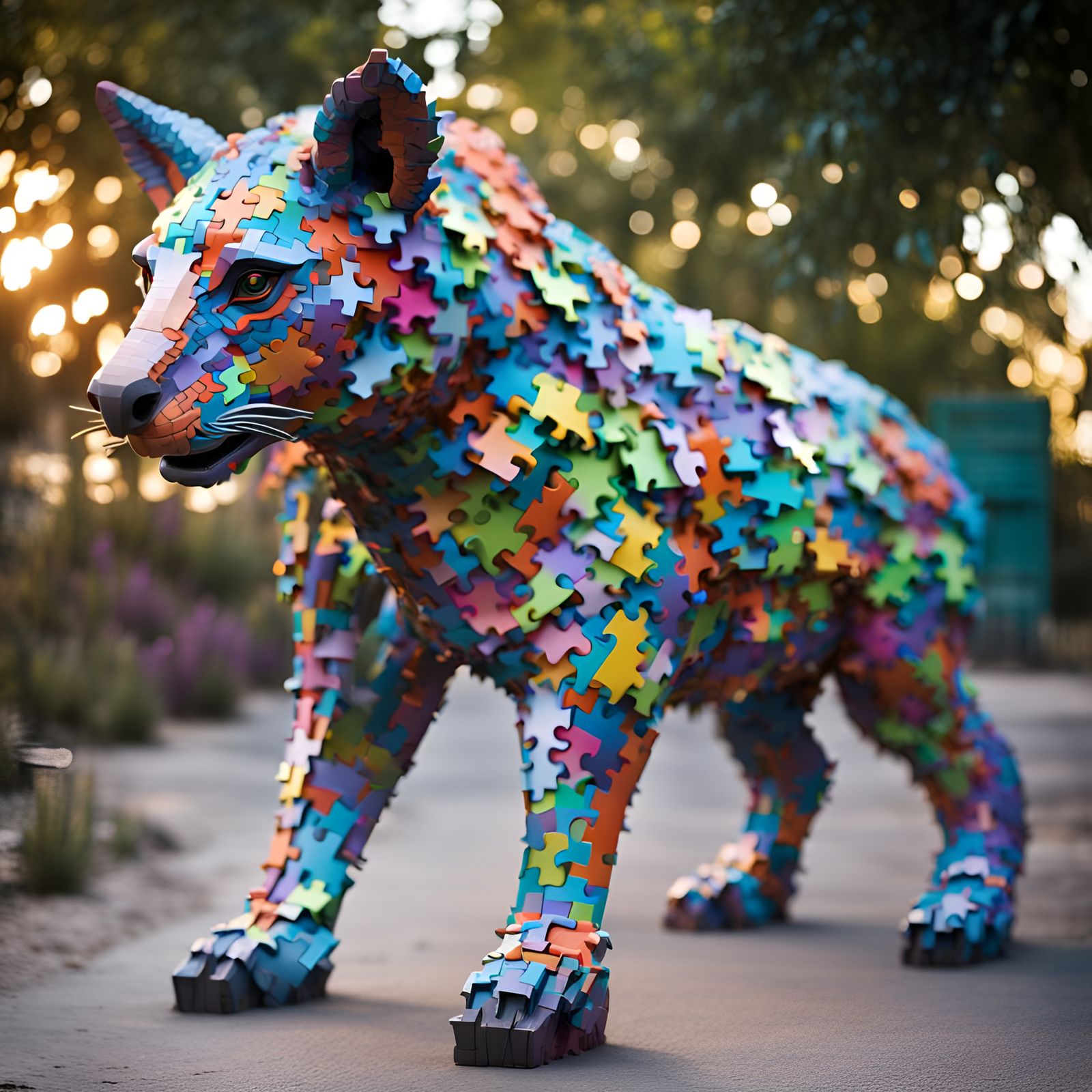 Animal Sculpture Made of Neon Puzzle Pieces