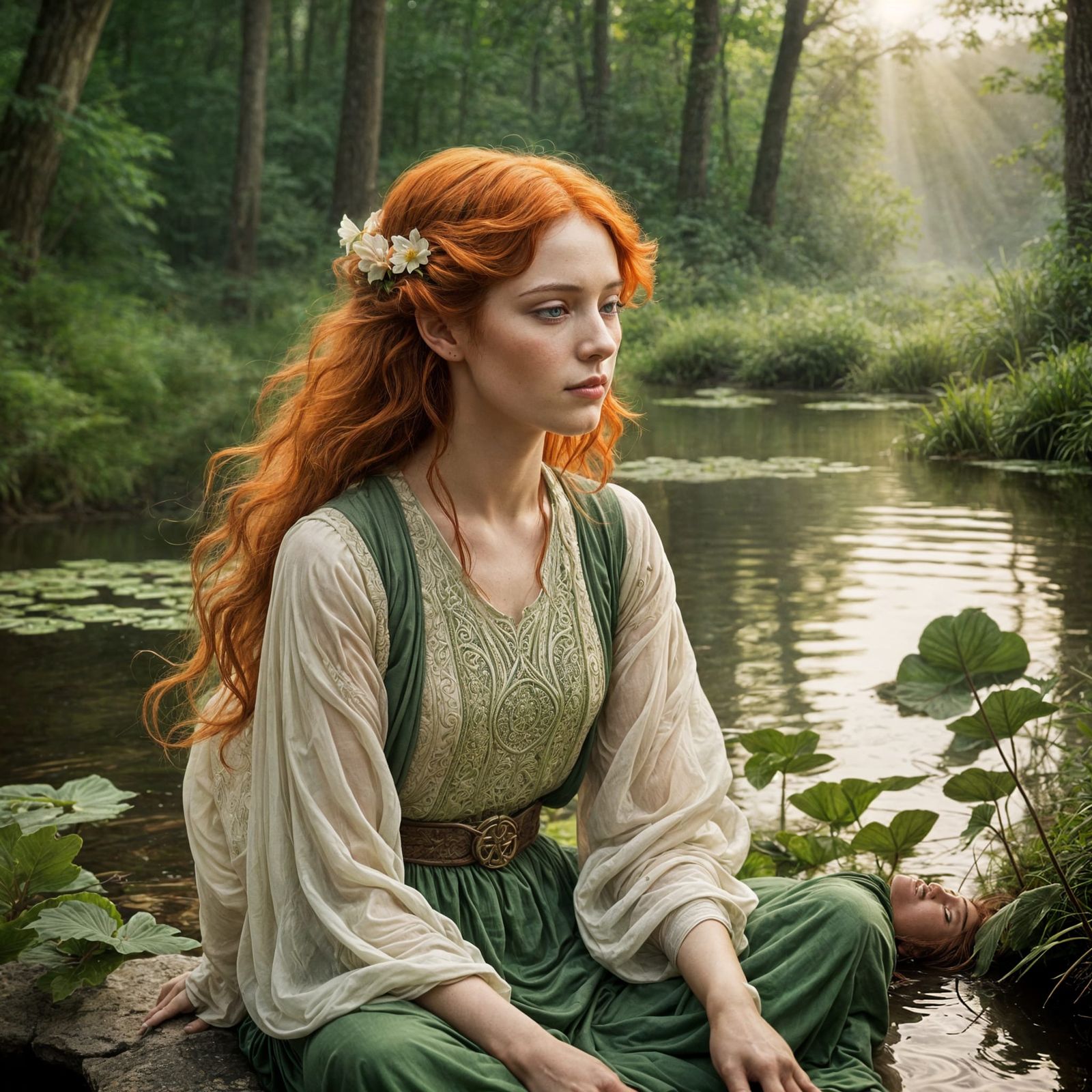 Meditating Redhead in Art Nouveau Forest