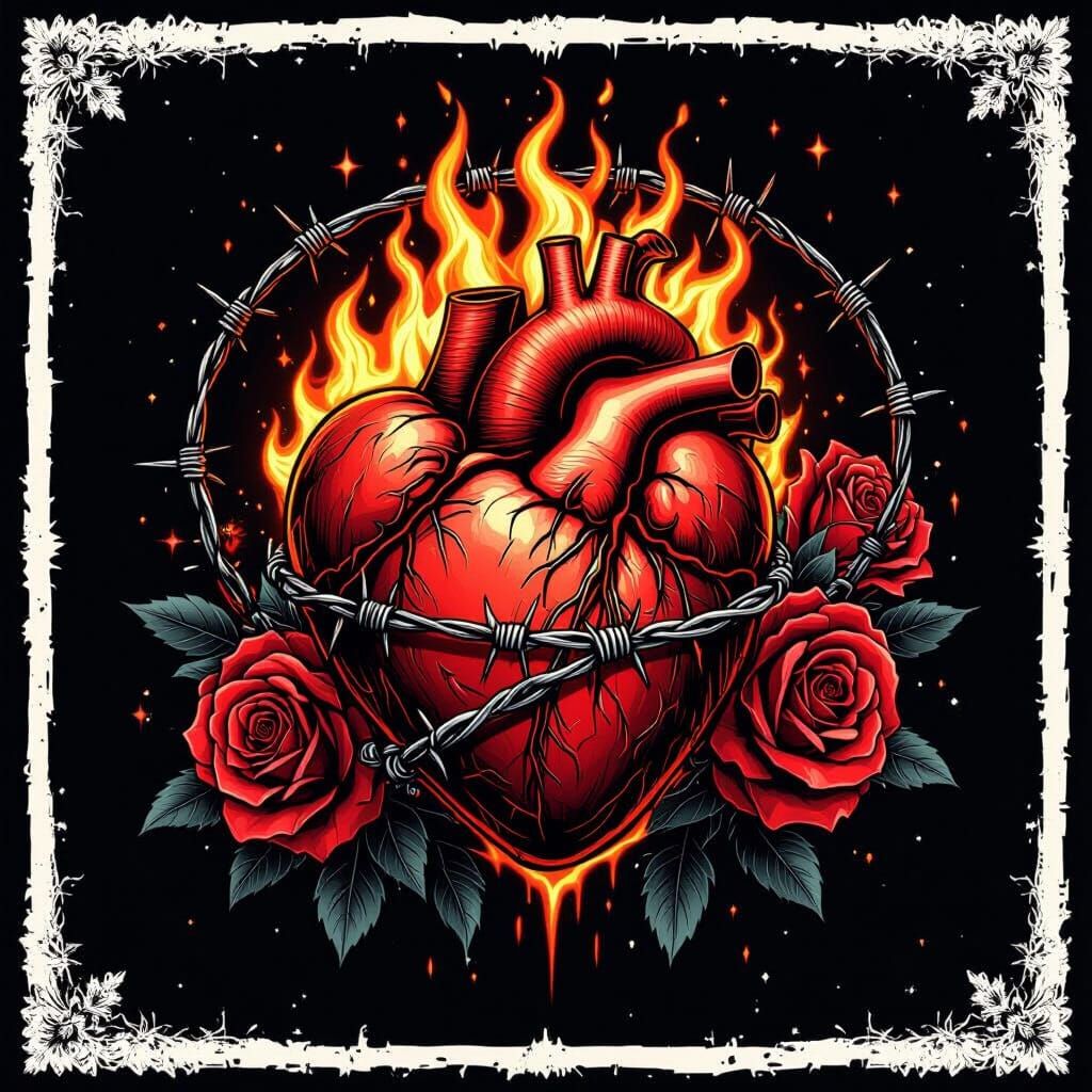 Gothic Flaming Heart Tattoo Design with Roses