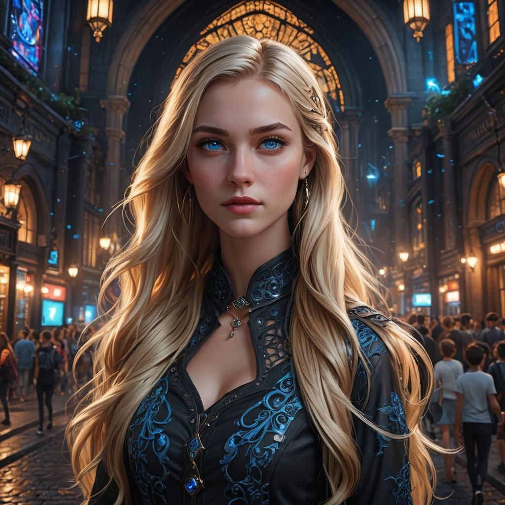 Blonde Woman in Black: Detailed Fantasy Concept Art