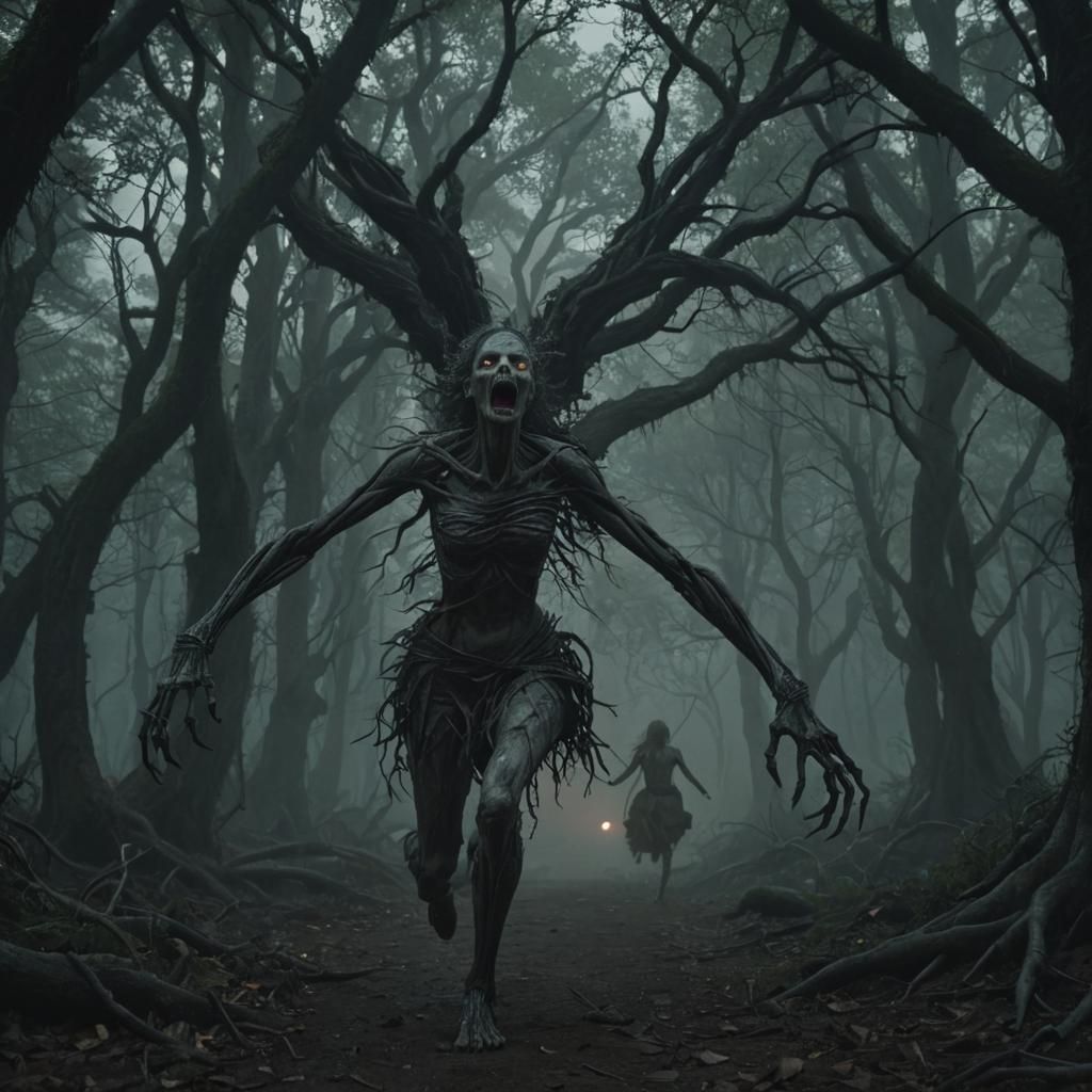 Woman Escapes Monster in Dark Fantasy Forest