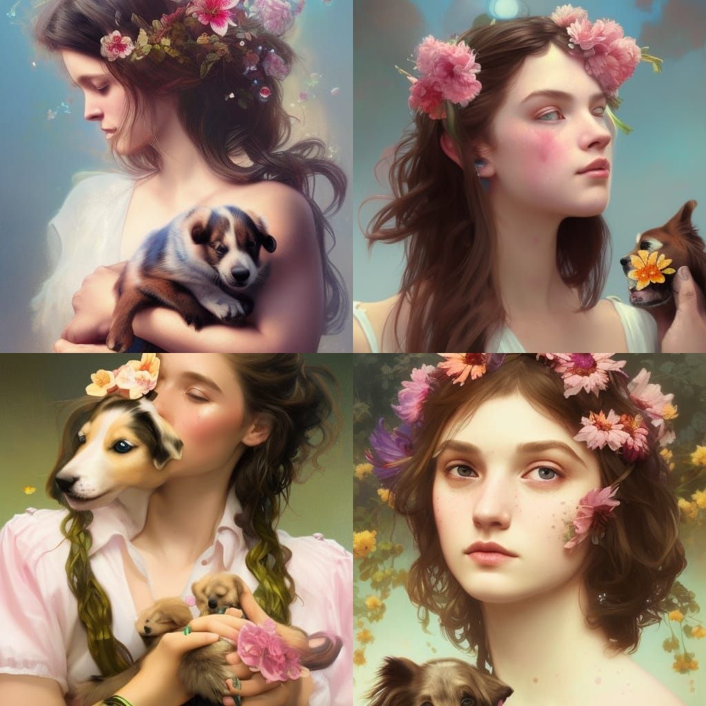 Woman with Puppy and Flowers, Hyperdetailed Portrait