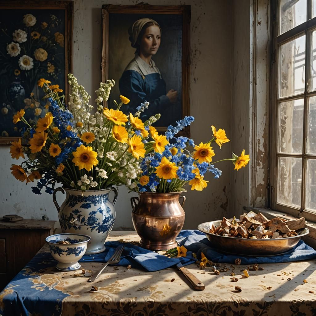 Golden Flowers on Butcher Table, Hyperrealism Style