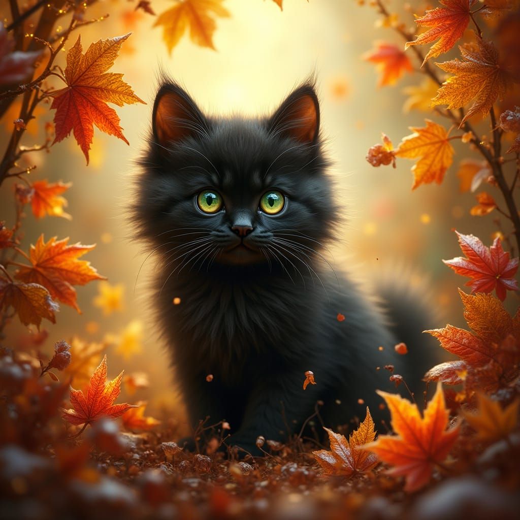 Fluffy Black Kitten in Enchanted Autumnal Glass World
