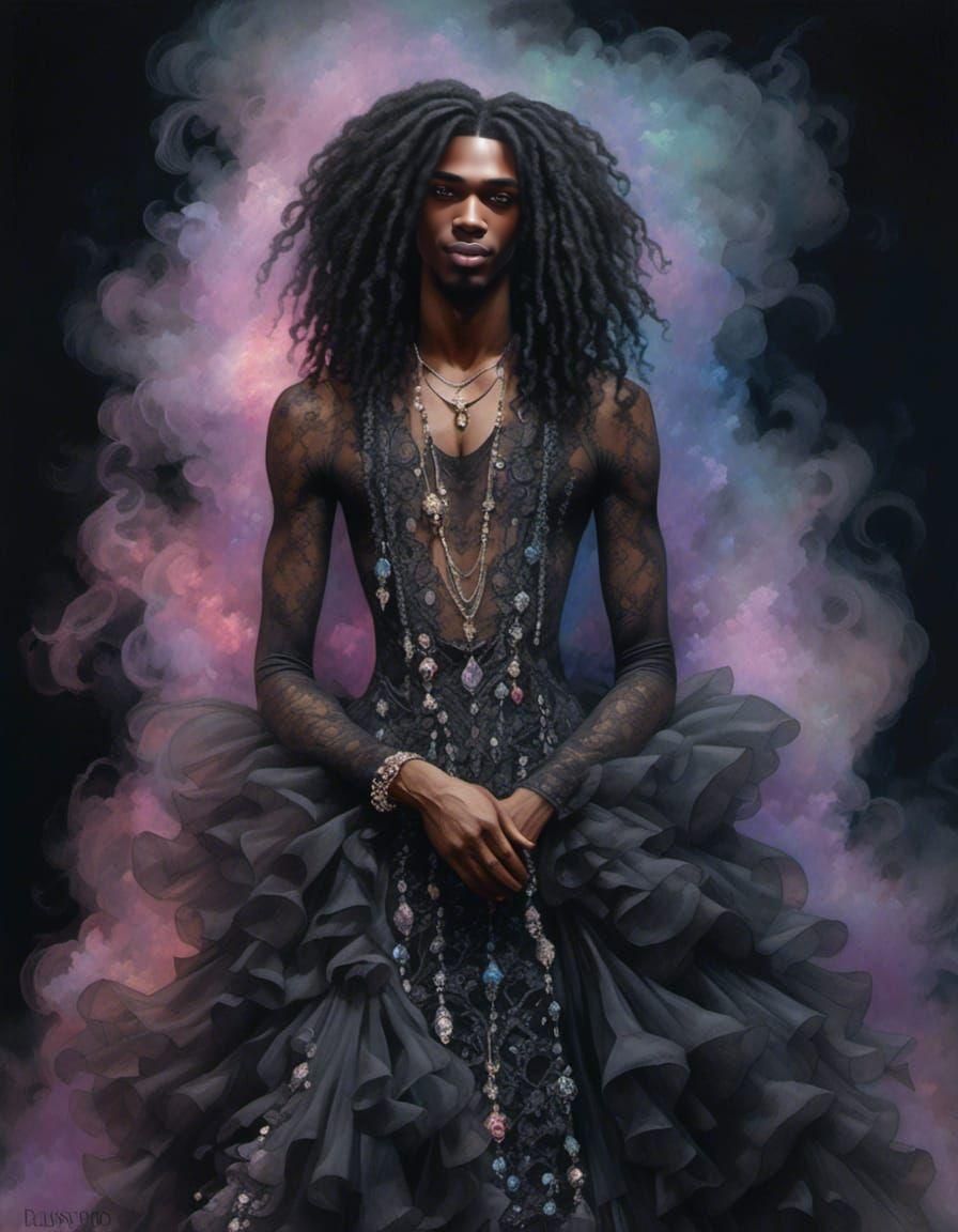 Black Goth Man in Dress as Watercolor Painting