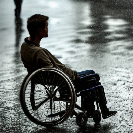 Hyperrealistic Person in Wheelchair in Rainy Cityscape