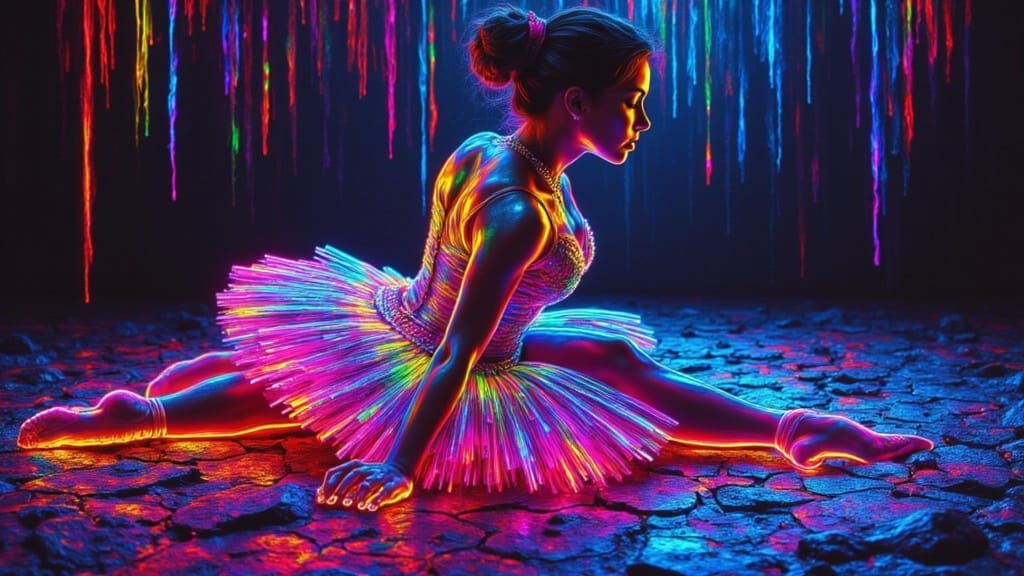 Ballerina Stretching With Neon Tutu on Metal Plate Art