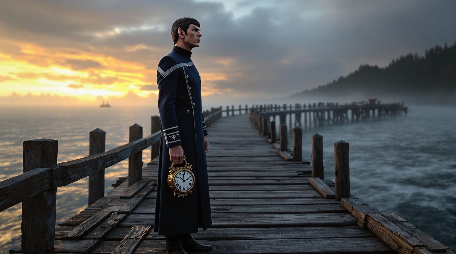 Realistic Chalk Art of Spock Holding a Clock on a Dock