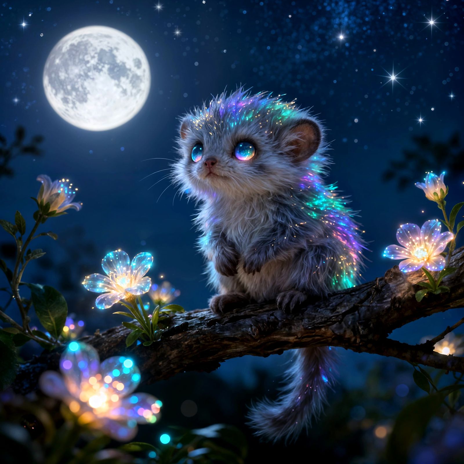 Iridescent Creature with Luminous Eyes Under Starlit Sky